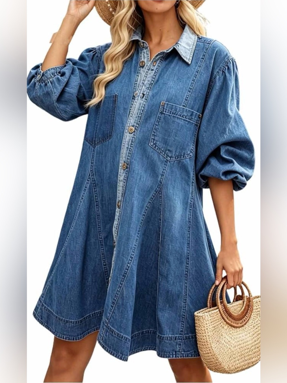 Relaxed Denim Mini Dress in Blue with Button Front